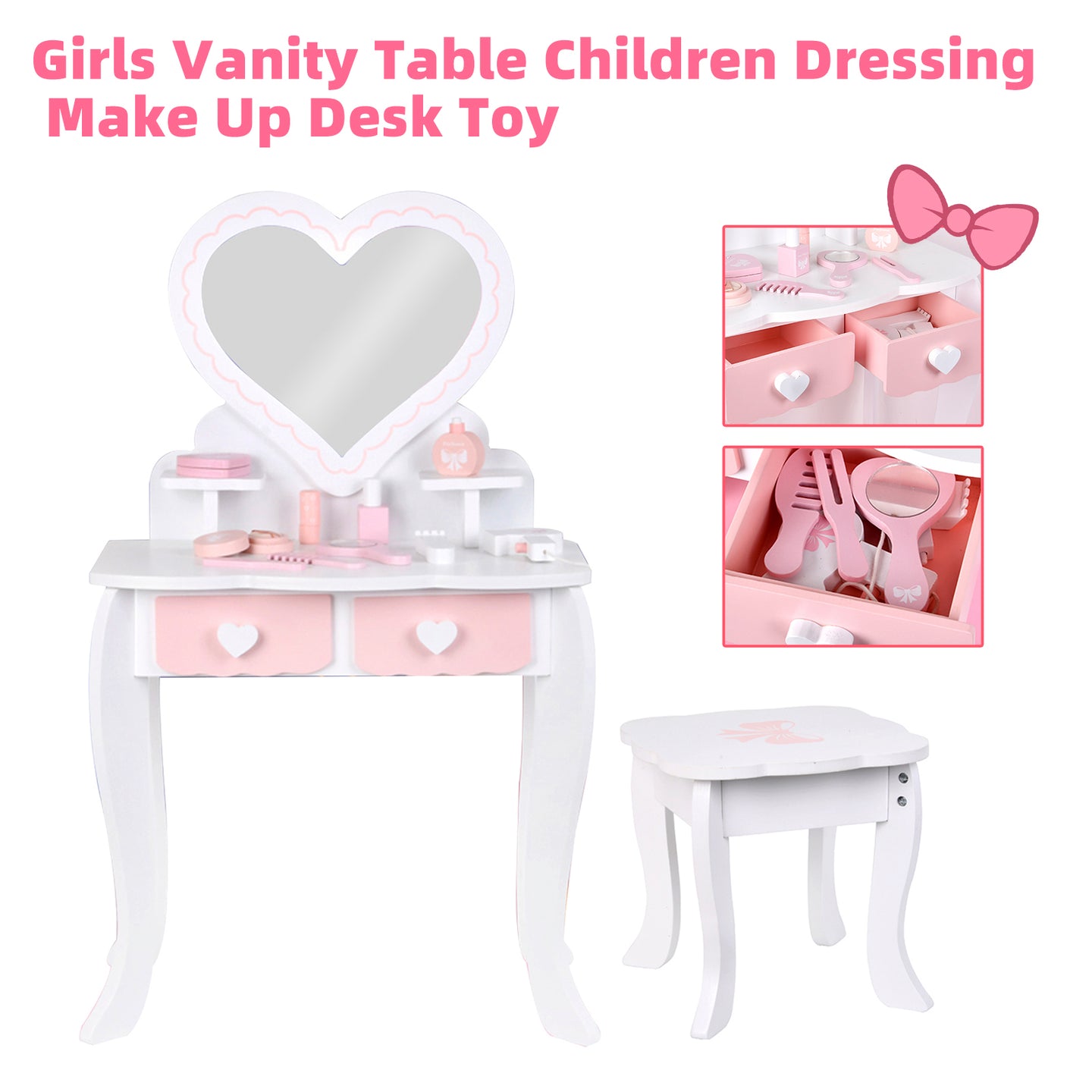 Kids Girls Vanity Table Children Dressing Mirror Make Up Desk Toy Play Gift Set