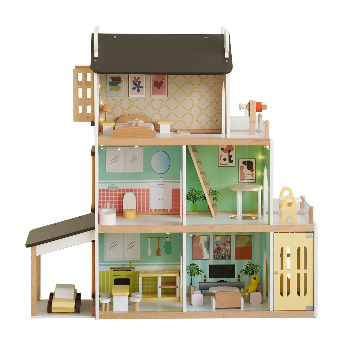 3Story Wooden Lighting Doll House With Balcony 20 Accessories Toy For 3+Year Kid