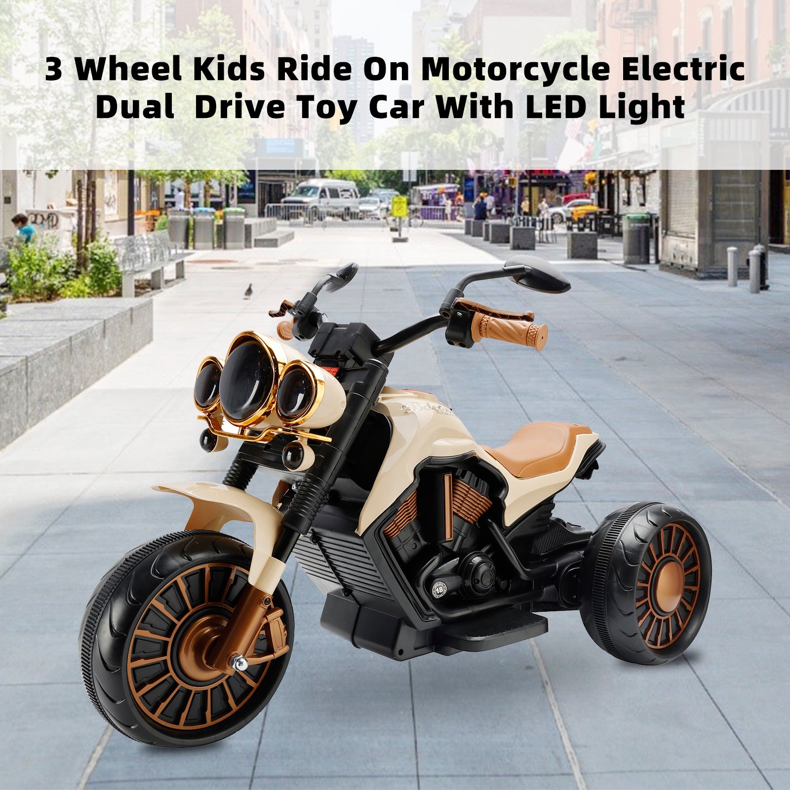 Kids Ride-On Motorcycle 3-Wheel Electric LED – Brown, 1–8 Years (Copy)