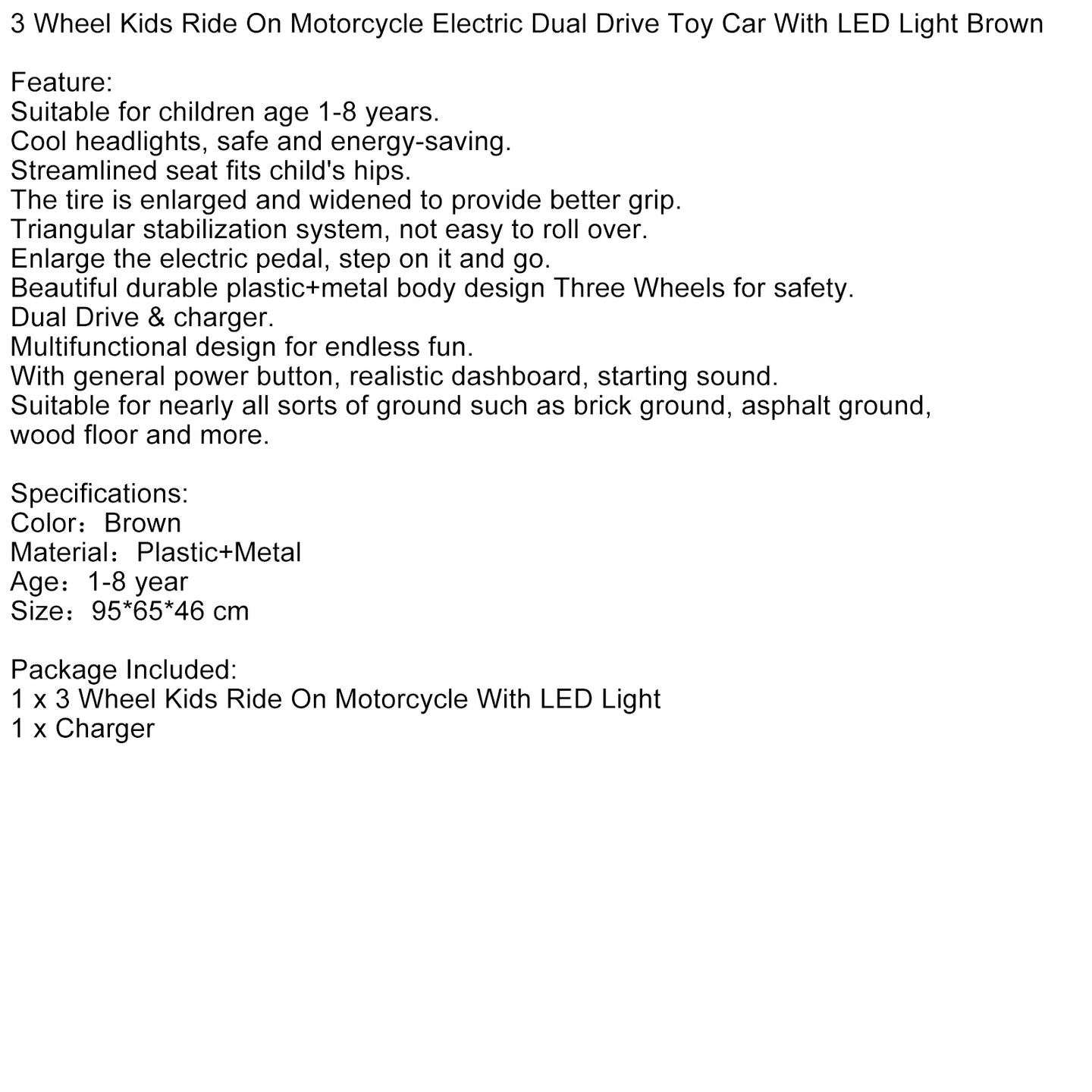 Kids Ride-On Motorcycle 3-Wheel Electric LED – Brown, 1–8 Years (Copy)