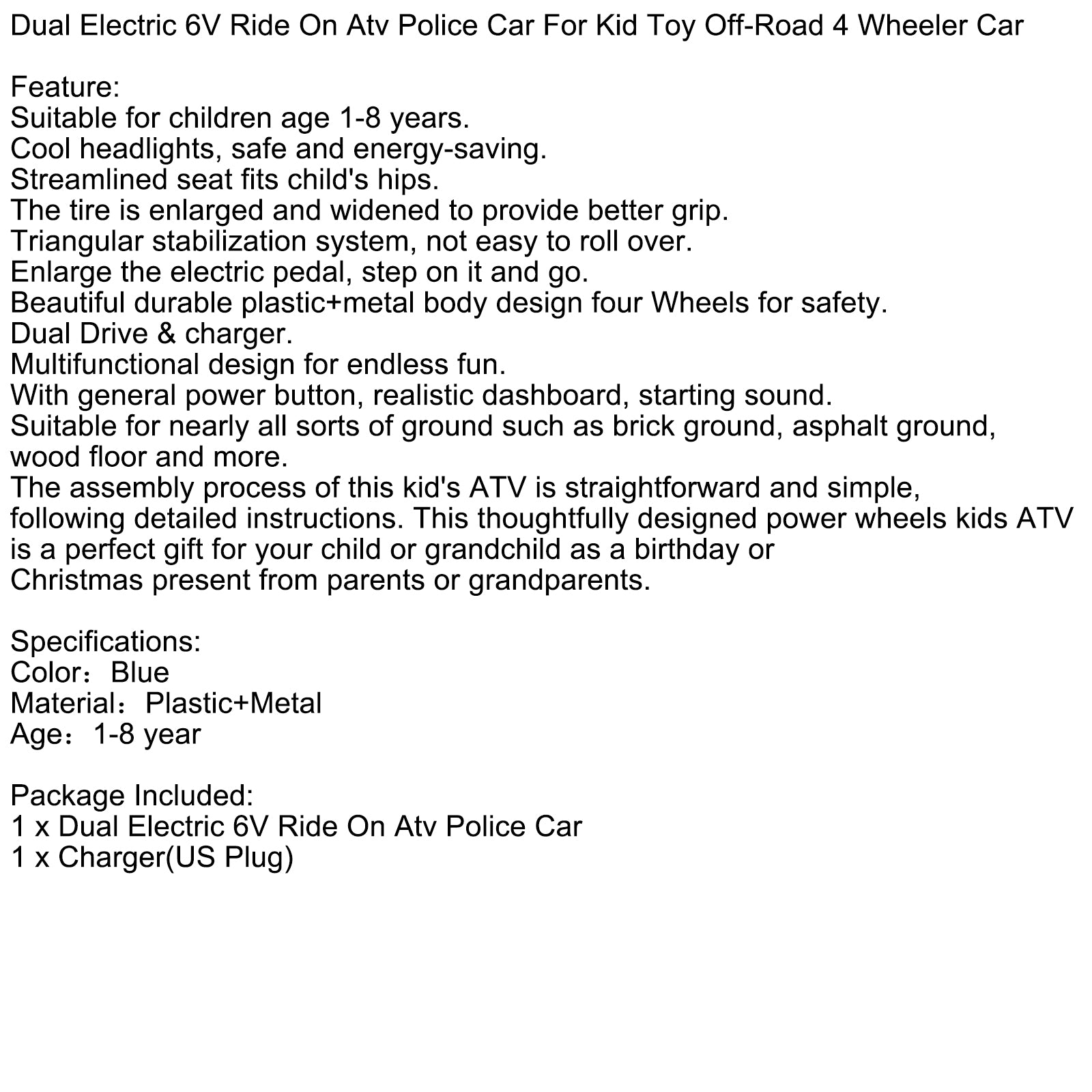 Dual Electric 6V Ride On Atv Police Car For Kid Toy Off-Road 4 Wheeler Car (Copy)