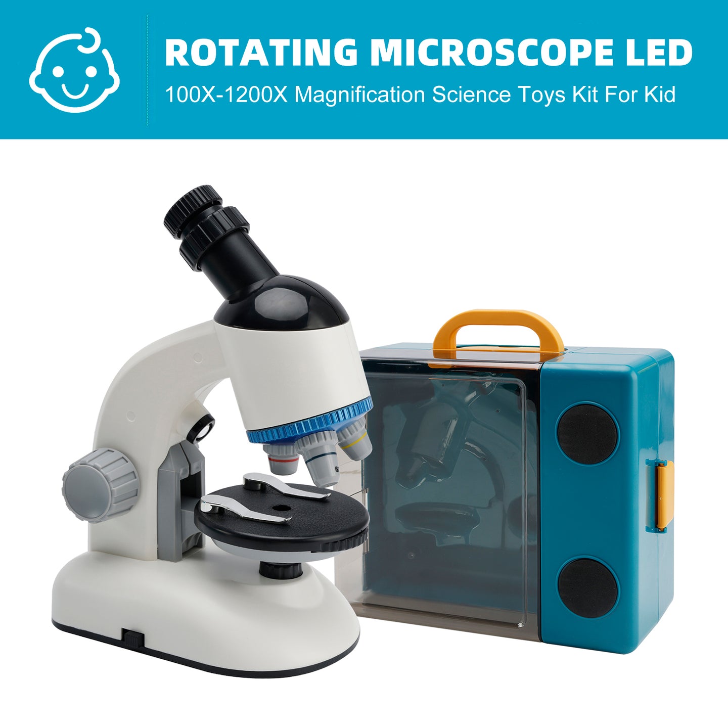 Rotating Microscope LED 100X-1200X Magnification Science Toys Kit For Kid White