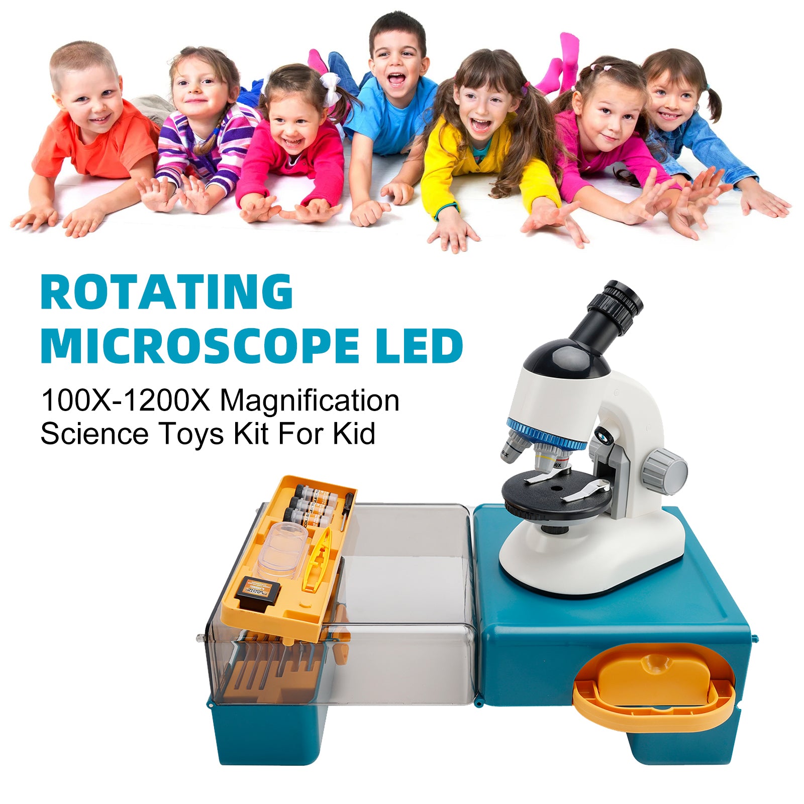 Rotating Microscope LED 100X-1200X Magnification Science Toys Kit For Kid White