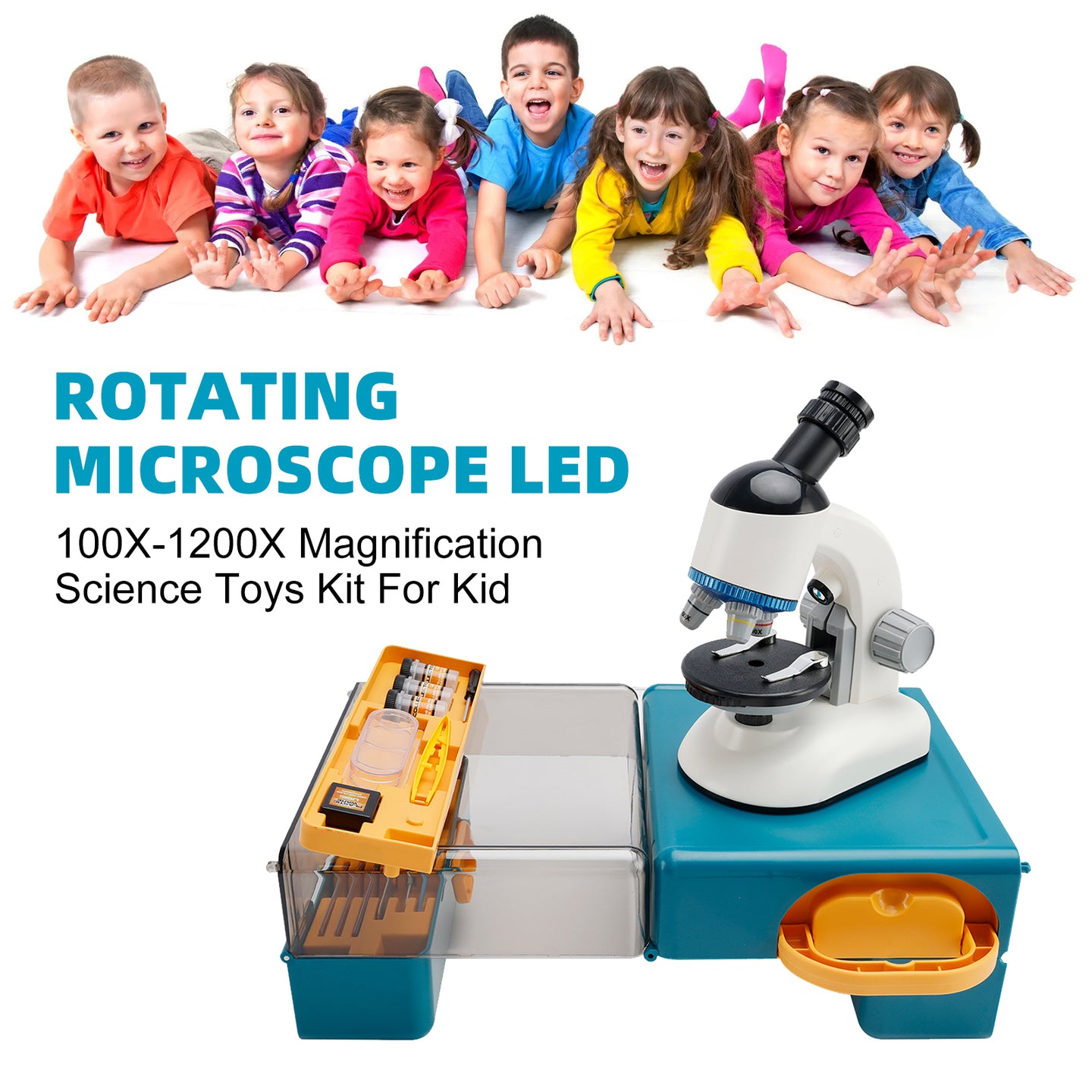 Rotating Microscope LED 100X-1200X Magnification Science Toys Kit For Kid White