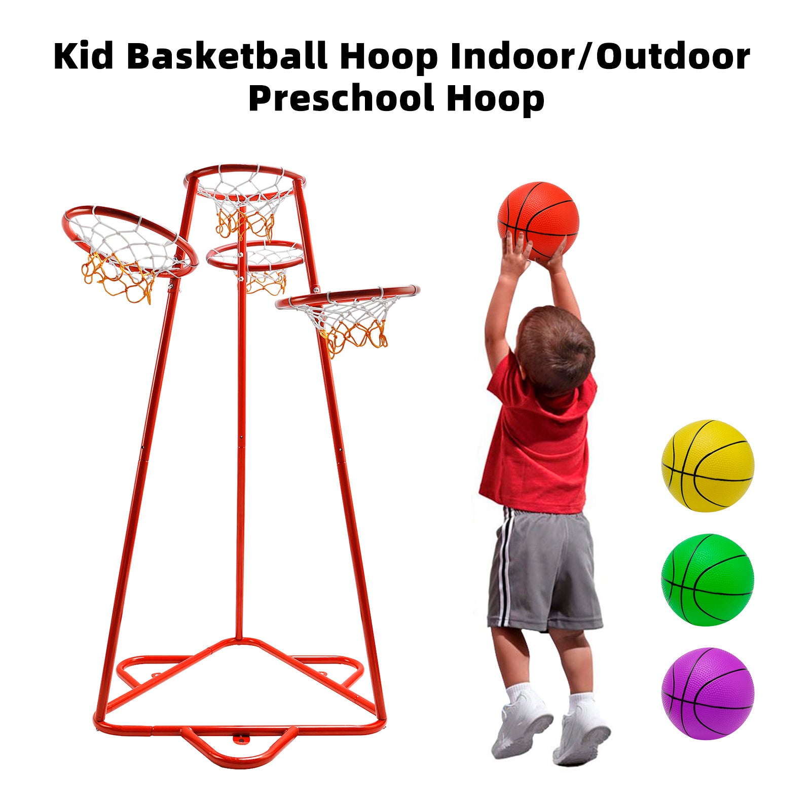 Early Learning 4 Hoop Kid Basketball Hoop Indoor/Outdoor Preschool Hoop Set Red