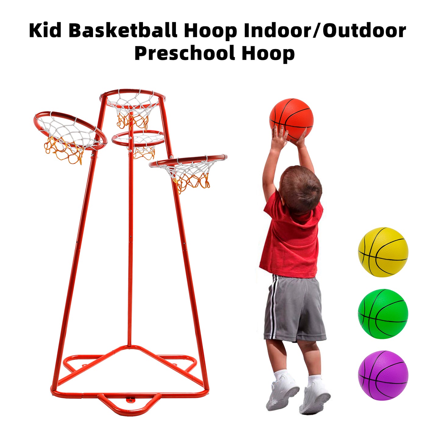 Early Learning 4 Hoop Kid Basketball Hoop Indoor/Outdoor Preschool Hoop Set Red