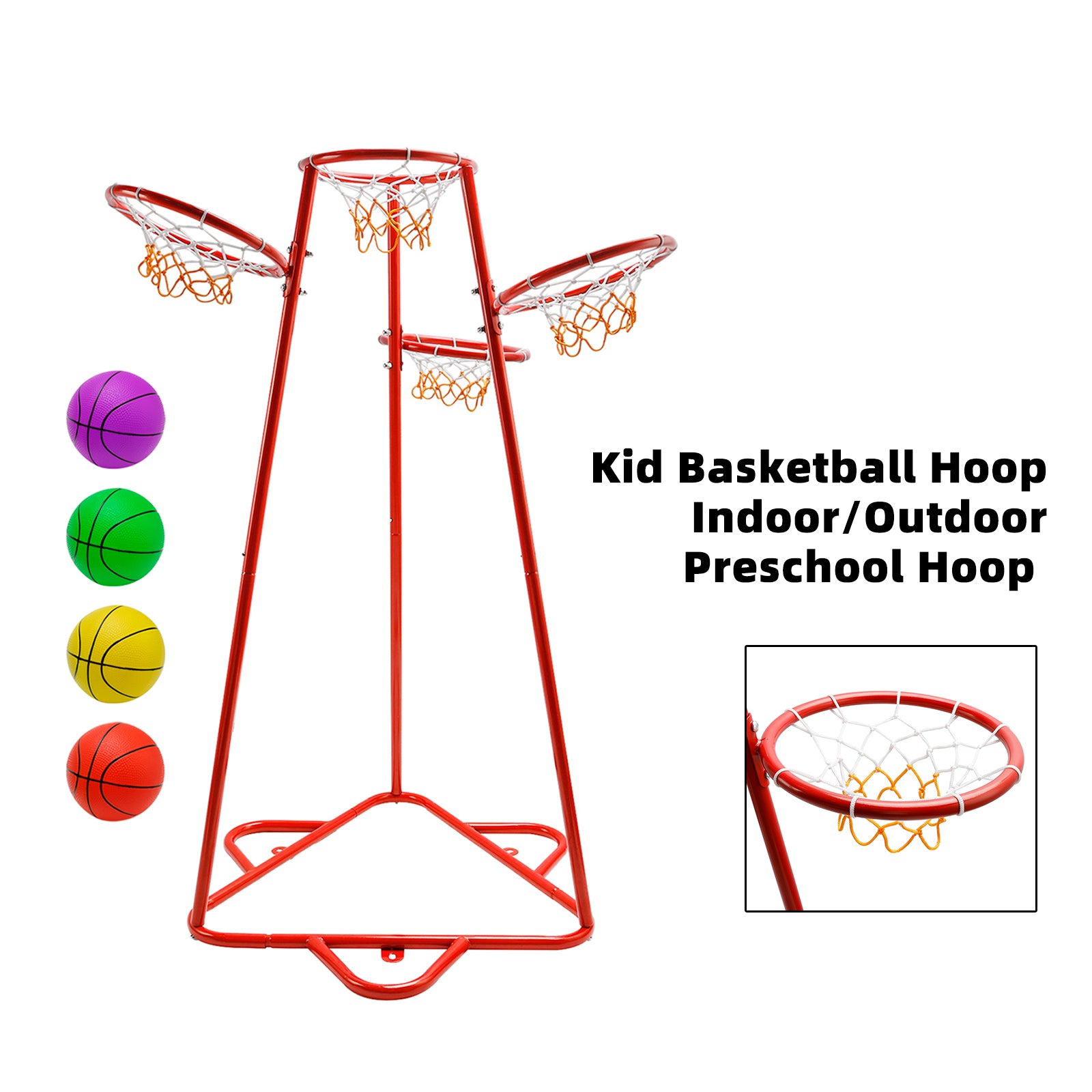 Early Learning 4 Hoop Kid Basketball Hoop Indoor/Outdoor Preschool Hoop Set Red