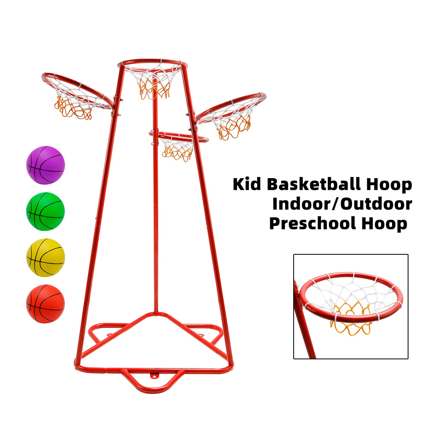 Early Learning 4 Hoop Kid Basketball Hoop Indoor/Outdoor Preschool Hoop Set Red