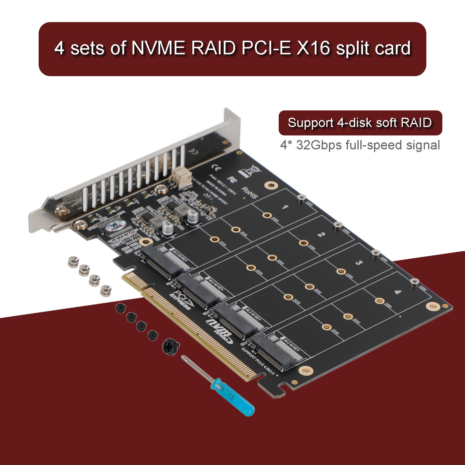 PCI-E 4 Disk Expansion Card M.2 NVME X16 Adapter Expension Card 2230 2242 2260