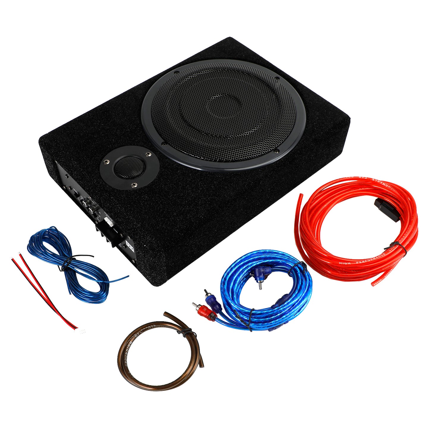 8 Inch 600W Slim Under-Seat Car Subwoofer with Built-in Amplifier & Tweeter, Full Range Powered Speaker Box