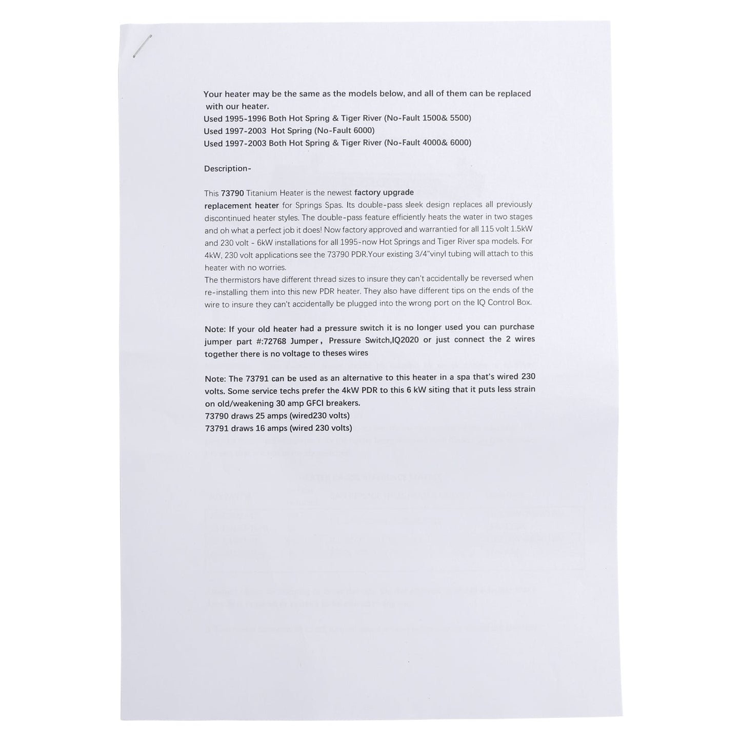 No-Fault Titanium Spa Heater for Hot Spring/Watkins/Caldera/Tiger River 73791-4KW