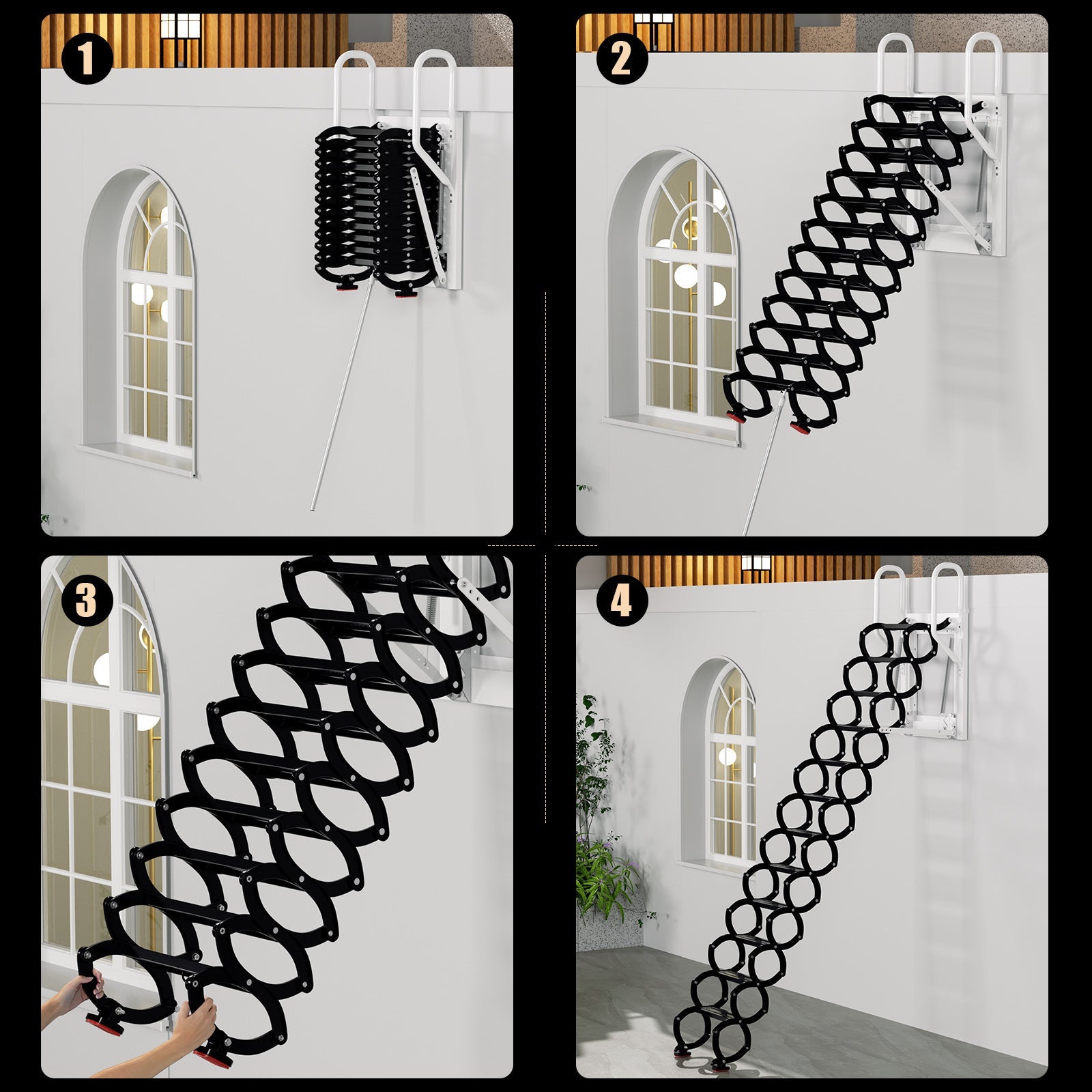 12-Step Folding Attic Ladder for 27.6" x 23.6" Wall Opening, 600 lbs Capacity Pull-Down Loft Stairs, up to 9.84ft Ceiling Height (Black)