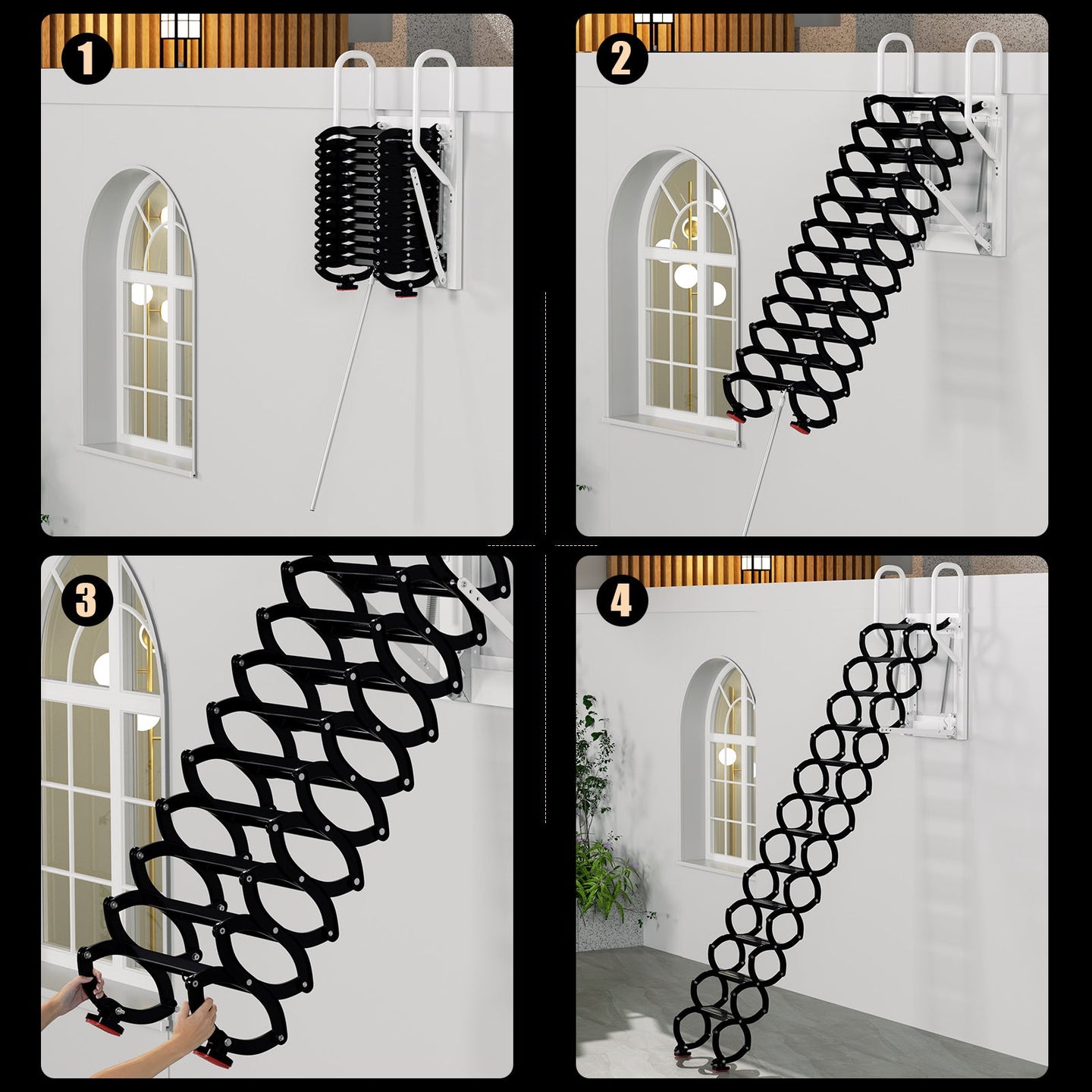 12-Step Folding Attic Ladder for 27.6" x 23.6" Wall Opening, 600 lbs Capacity Pull-Down Loft Stairs, up to 9.84ft Ceiling Height (Black)