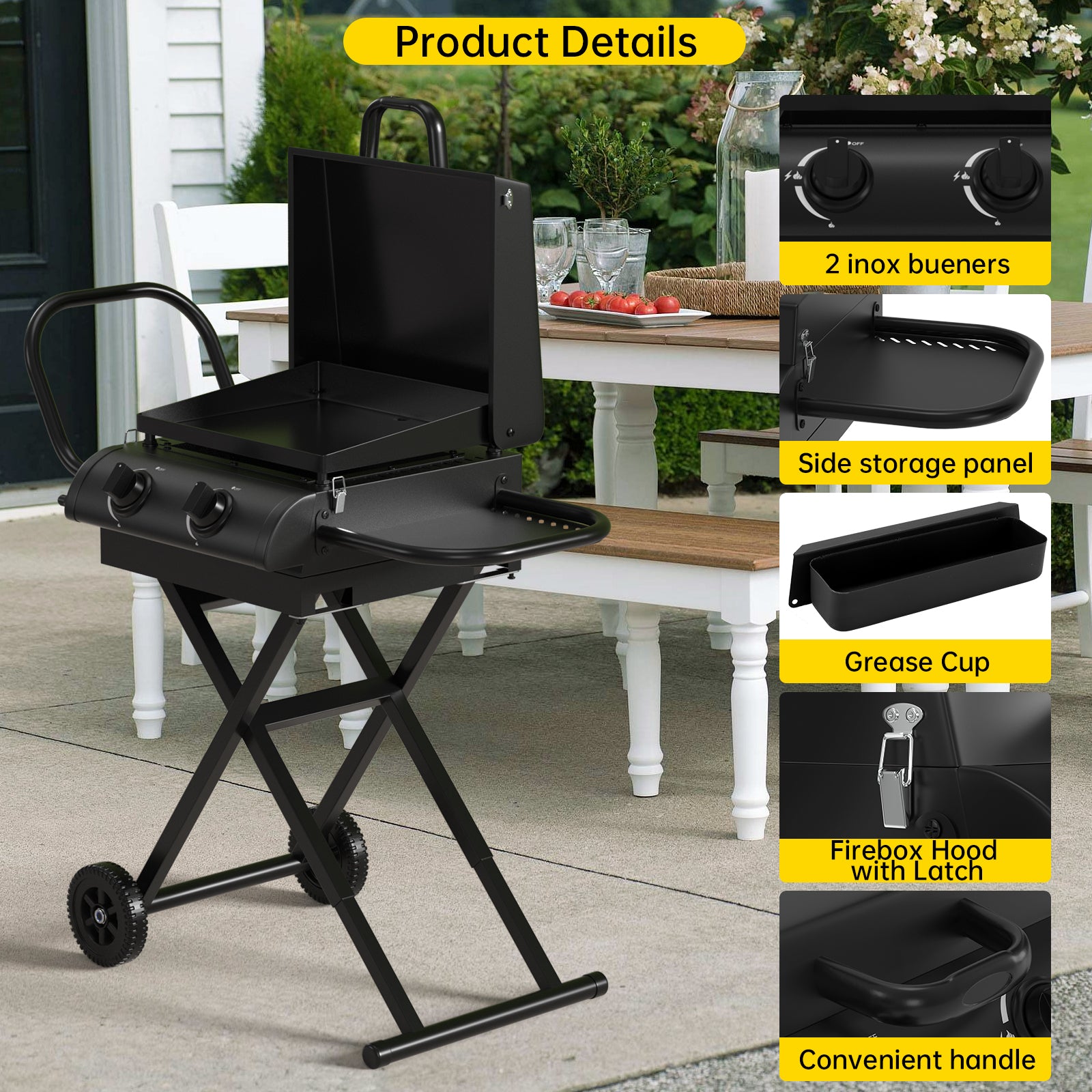 16,000 BTU 2-Burner Portable Propane Gas Griddle with Folding Scissor Legs, Hood & Side Shelf for Outdoor Cooking