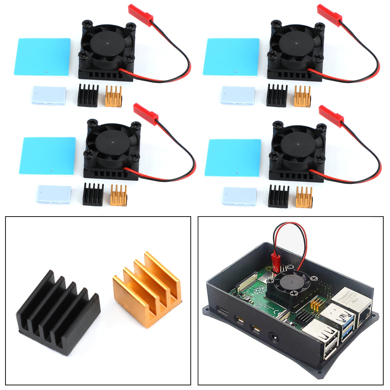 4x Squared Fan Single Fan With Heatsink Thermal adhesive For Raspberry Pi 4B/3B+