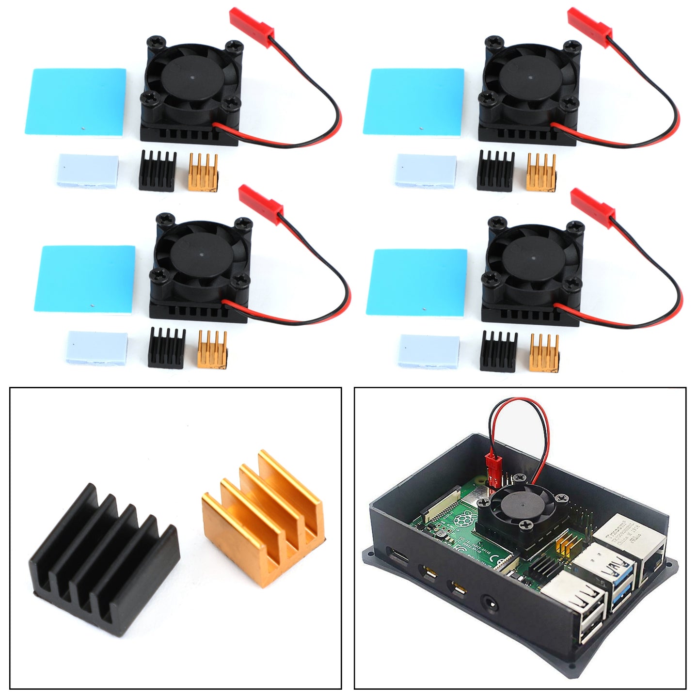 4x Squared Fan Single Fan With Heatsink Thermal adhesive For Raspberry Pi 4B/3B+