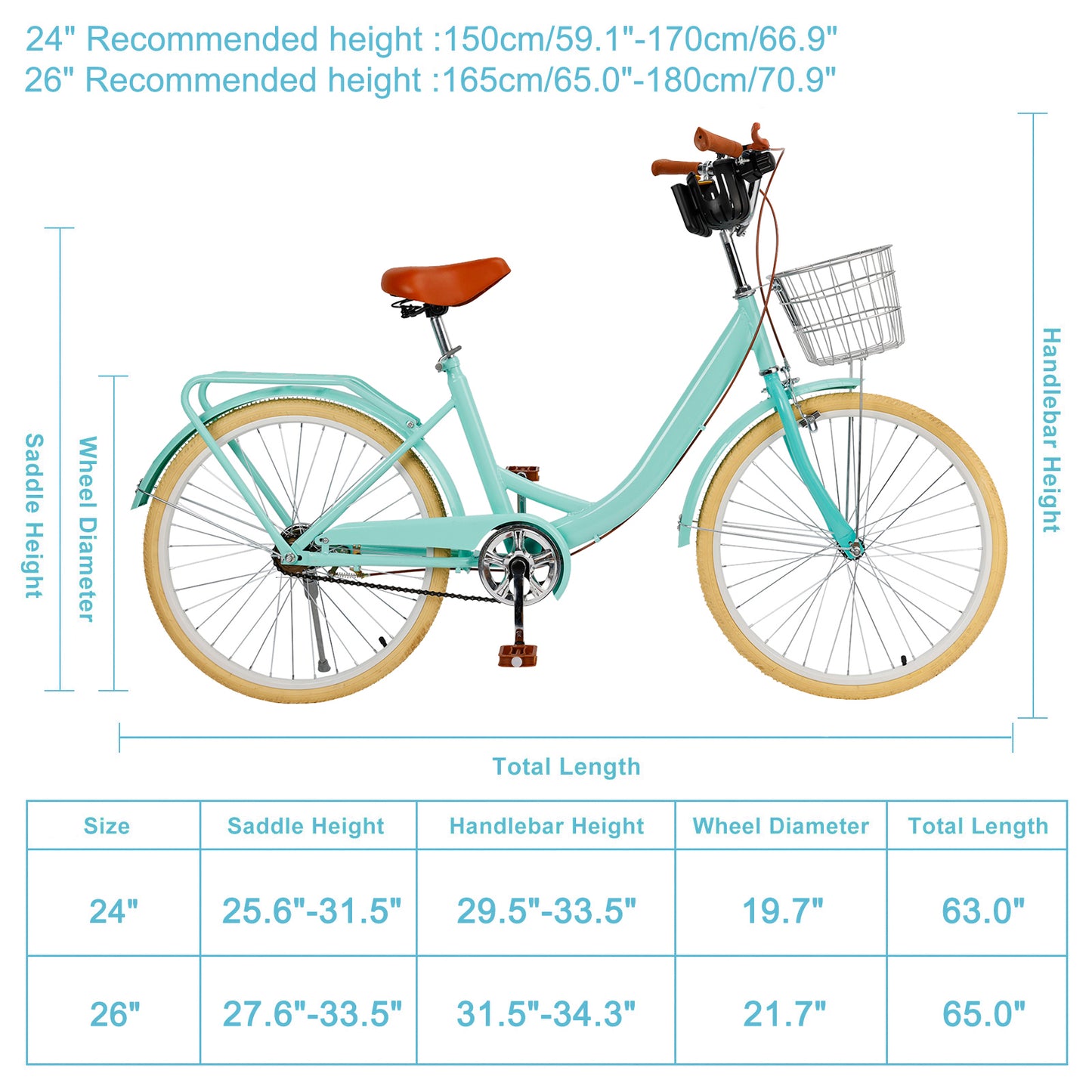 24/26 inch Women City Bicycle Beach Cruiser Bike with Basket & Rack