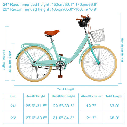 24/26 inch Women City Bicycle Beach Cruiser Bike with Basket & Rack
