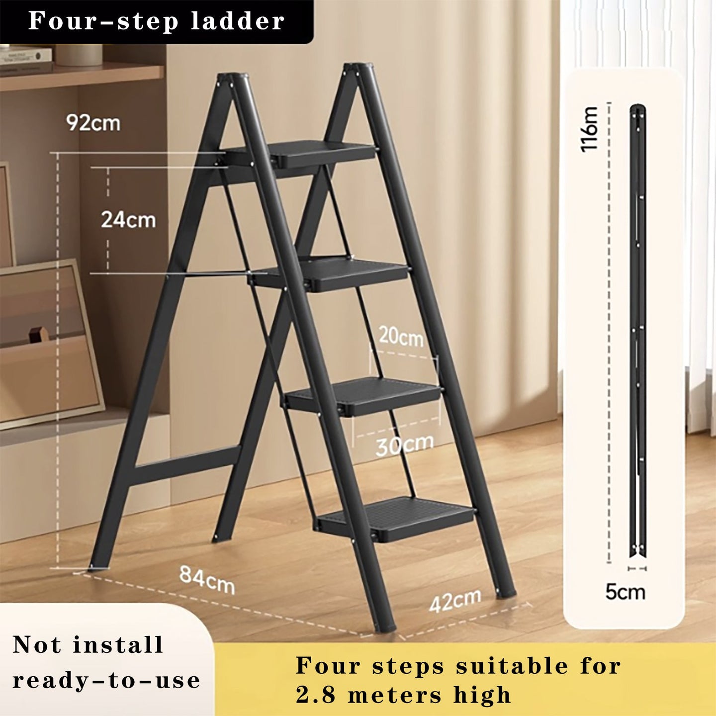 4-Tier Foldable Aluminum Stepladder – Wide, Lightweight, Compact Ladder