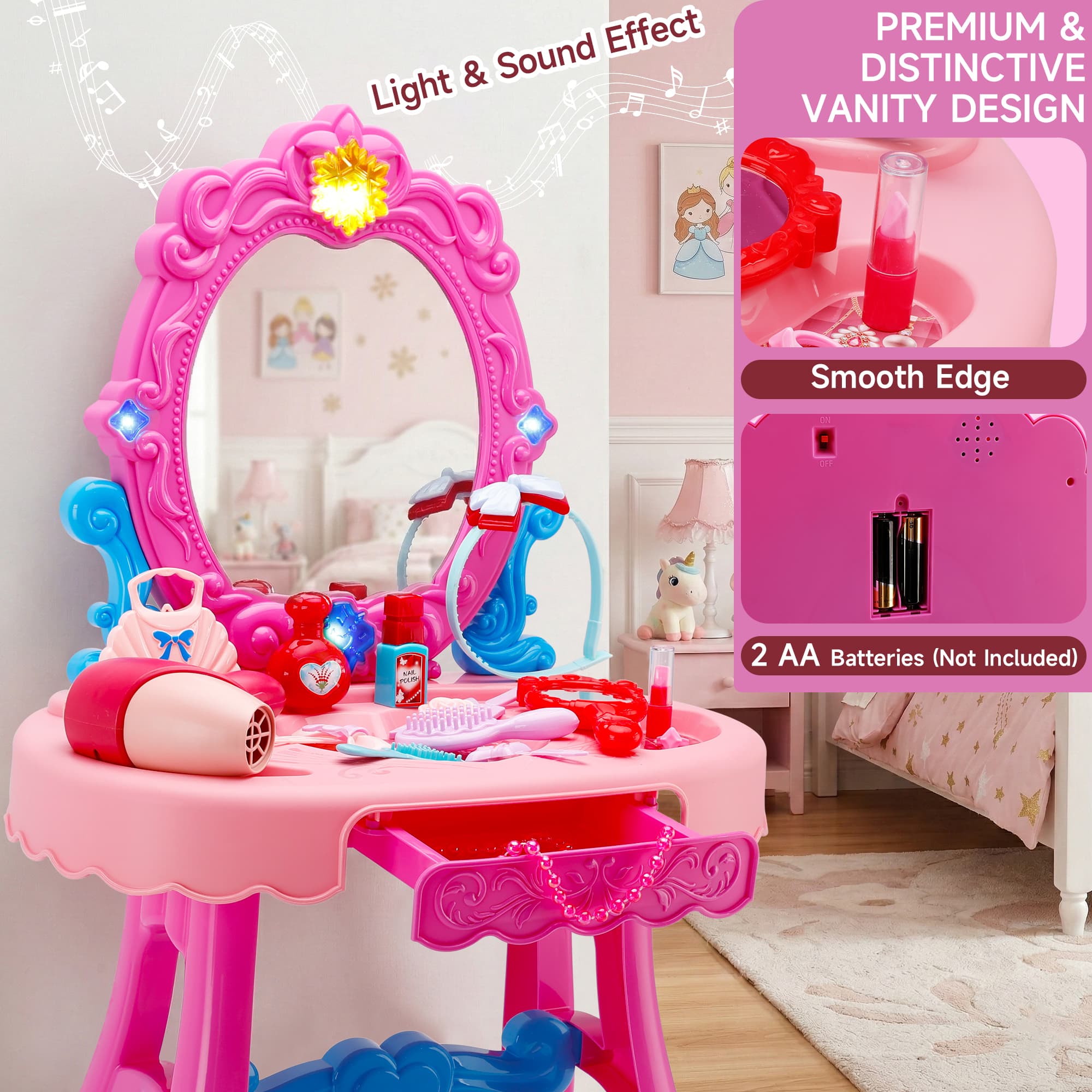 Toddler Makeup Table with Mirror and Chair Kids Vanity Set with Blowdryer for 3+