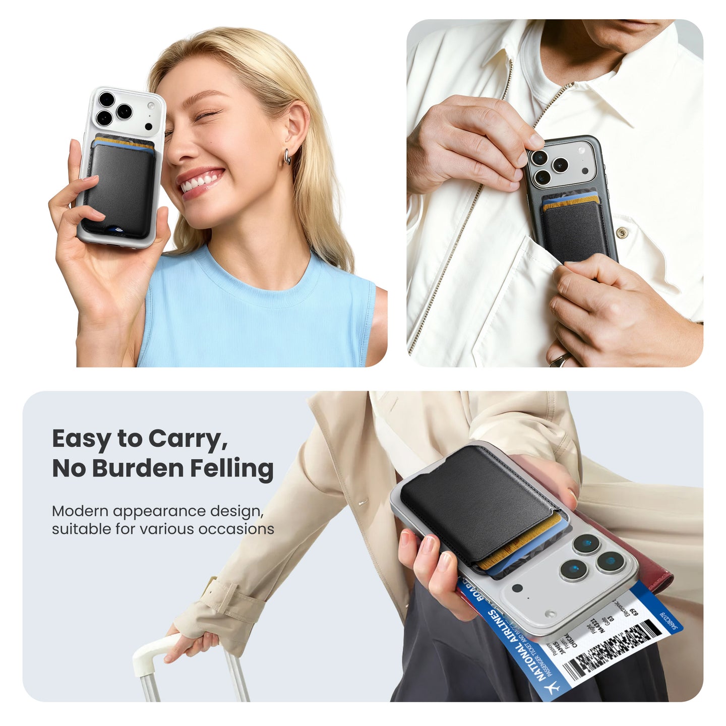 Magnetic Card Holder MagSafe Wallet 3 Card Holder RFID Protection iPhone Wallet Magnetic Strength Vegan Leather for iPhone 17/16/15/14/13/12 Series and Selected Samsung Devices