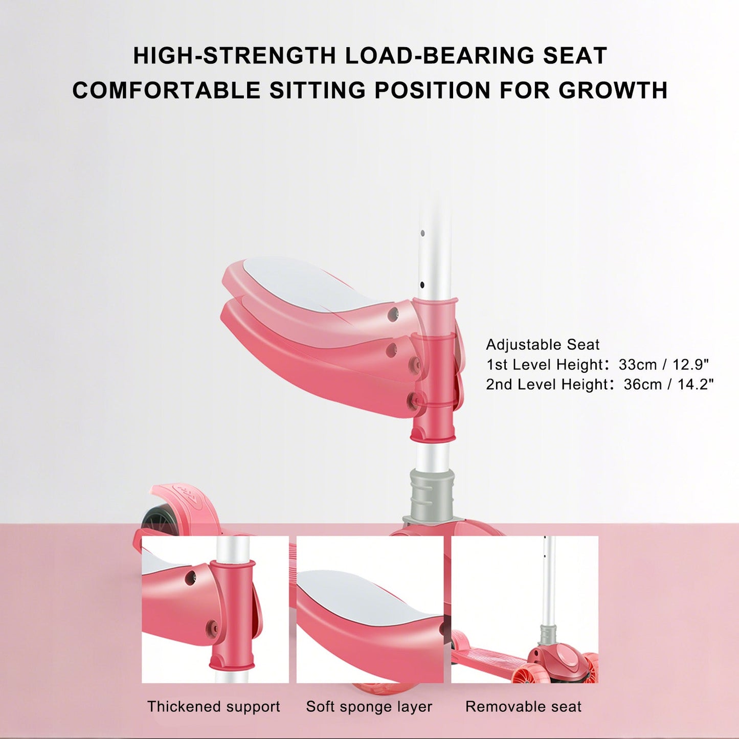 Convertible 2-in-1 Kids Scooter â€?Foldable Seat, LED Wheels, 3-Height Bar (Pink)