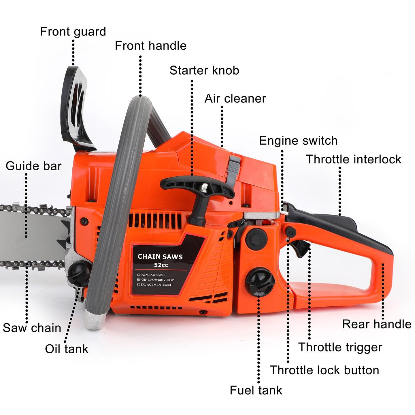 20" Gasoline Chainsaw a€?Engine 2 Cycl 52 Cc, 2 KW- Sawing Cutting Pruning and Trimming Wood