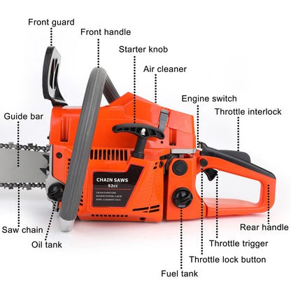 52CC Gas Chainsaw with 20-Inch Bar, 2.5kW 2-Stroke Engine for Tree Cutting & Firewood