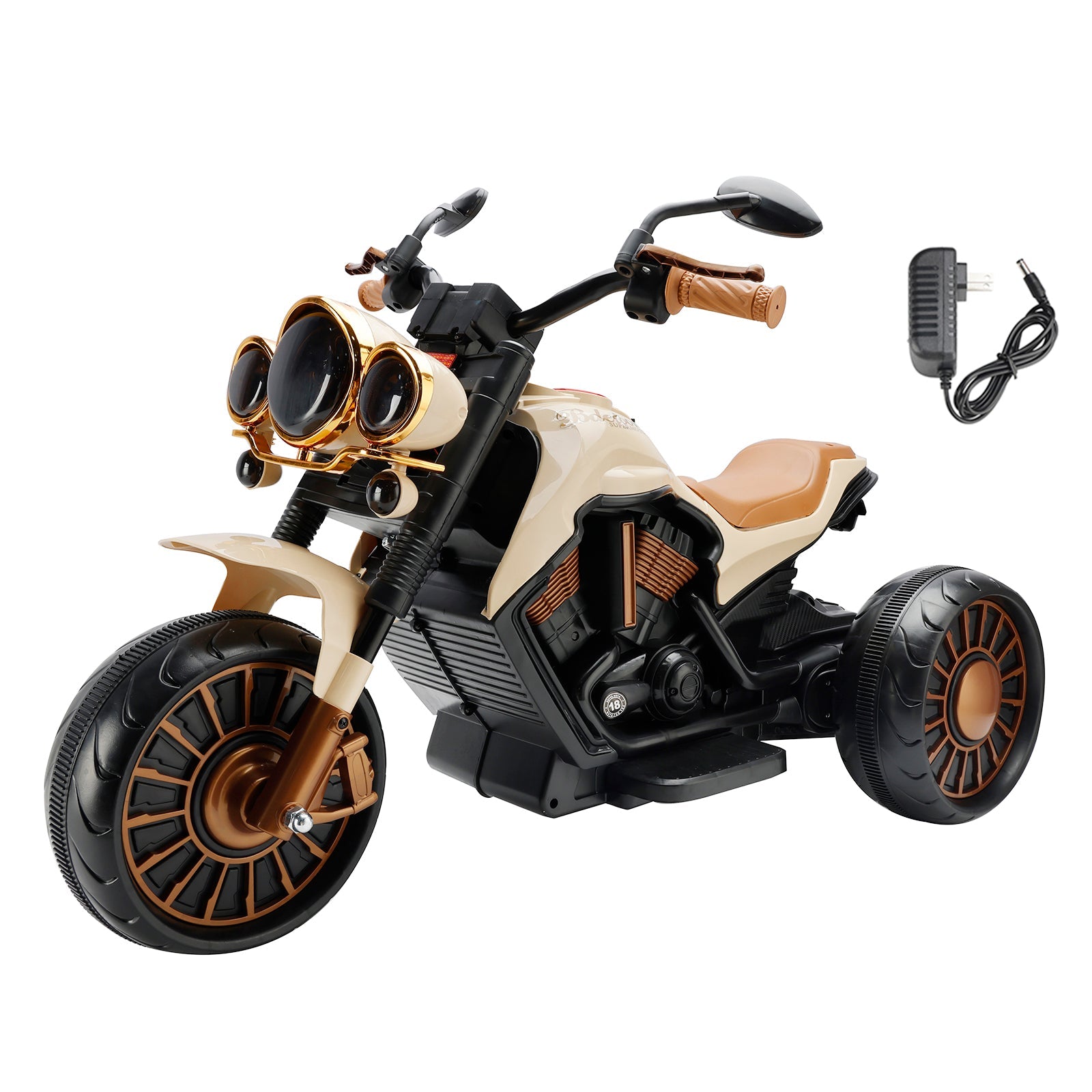 3 Wheel Kids Ride On Motorcycle Electric Dual Drive Toy Car With LED Light Brown