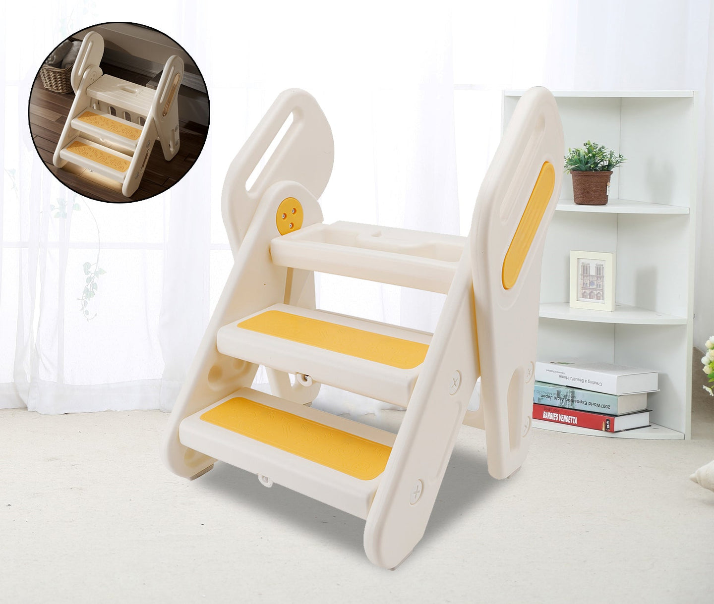 Children Foldable Footstool Hand Washing Ladder Baby Convenient Stair With Light
