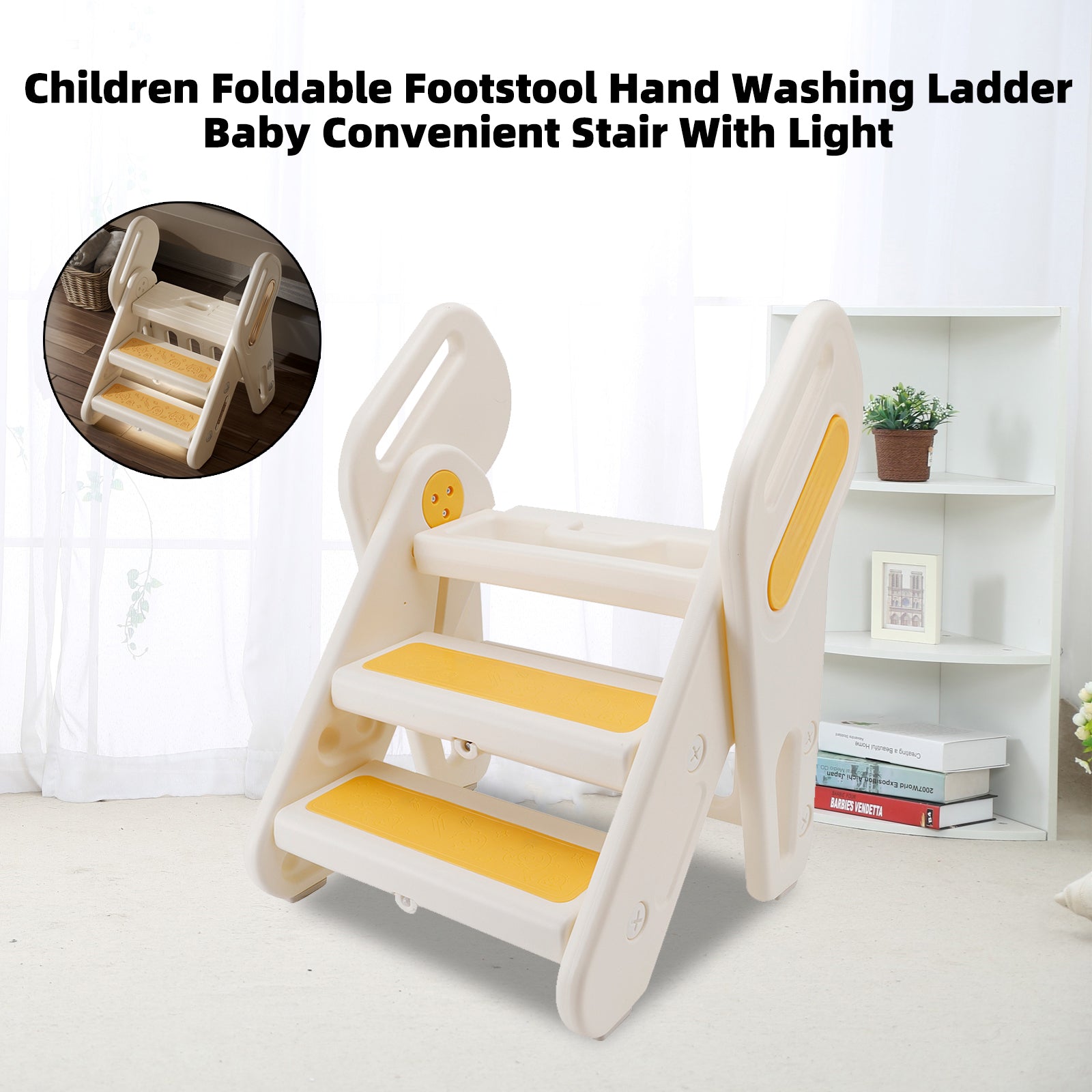 Children Foldable Footstool Hand Washing Ladder Baby Convenient Stair With Light