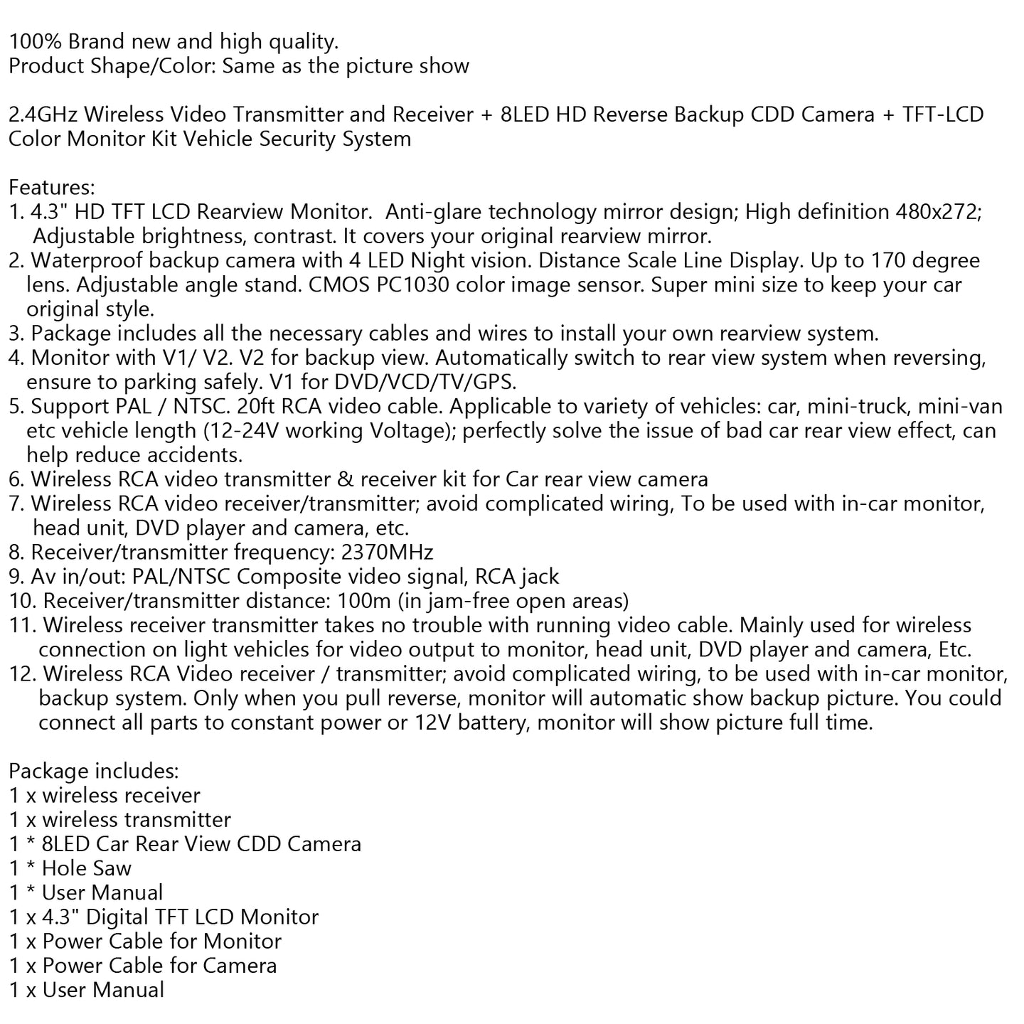 2.4GHz Car Rear Front HD Wireless Video Transmitter and Receiver + 8LED Camera + Car Monitor Kit Side View