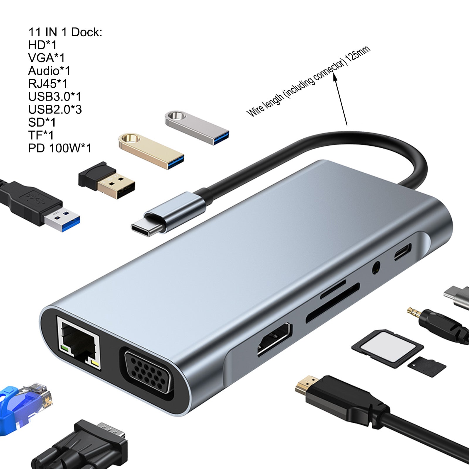 Type-c HUB For PC 11 In 1 Multi Splitter HD Output  Multifunctional USB 3.0 Dock