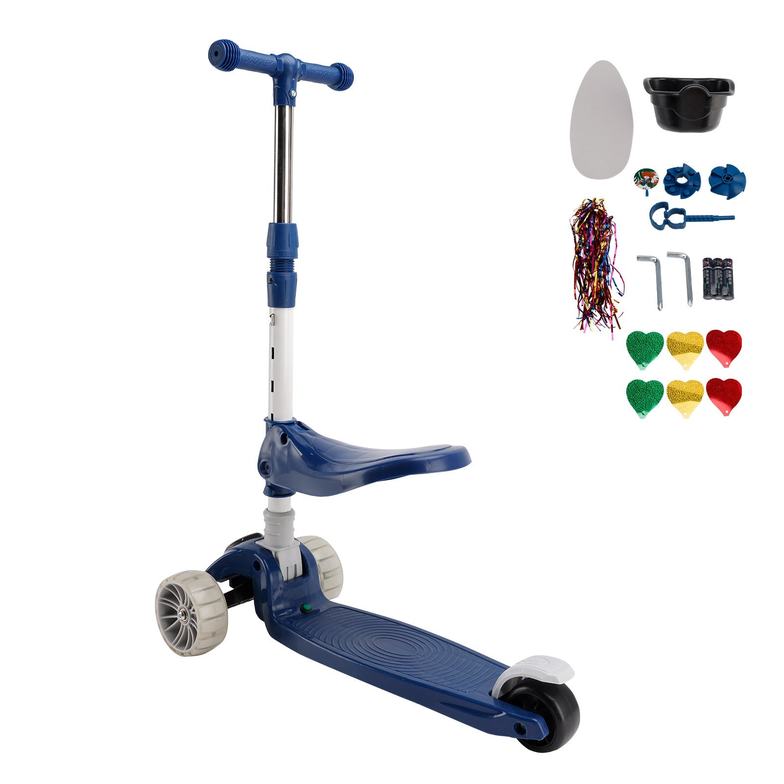 Foldable 3-Wheel Kids Scooter with Seat & Lights a?? Adjustable Handlebar, Lean-to-Steer (Blue)