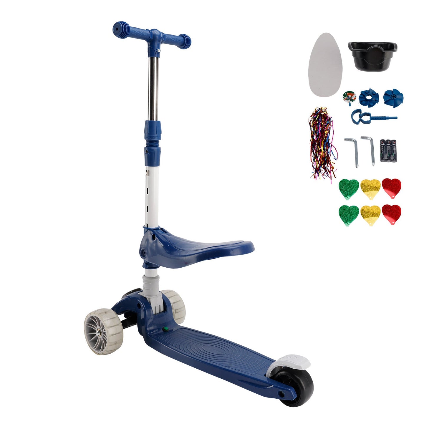 Foldable 3-Wheel Kids Scooter with Seat & Lights a?? Adjustable Handlebar, Lean-to-Steer (Blue)