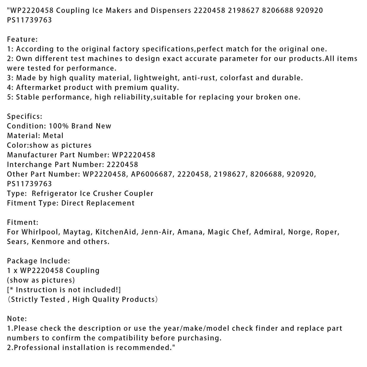 WP2220458 Coupling Ice Makers and Dispensers 2220458 2198627 8206688 920920