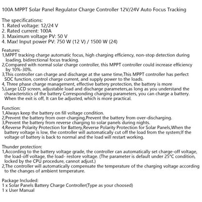 100A MPPT Solar Charge Controller 12V/24V Auto Detect Regulator with Dual USB Ports