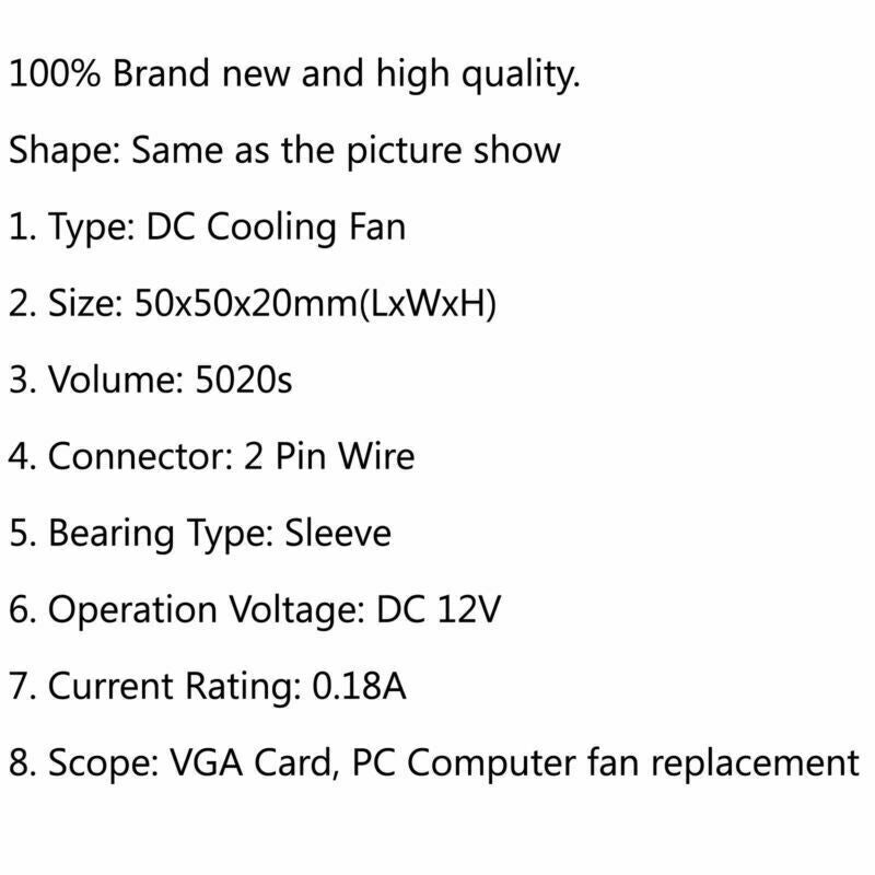 2 Cooling Computer PC DC Pin 50x50x20mm Brushless Fan F10 12V 5020s Wire 0.18A