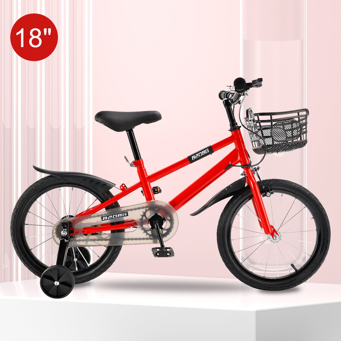 18" Children Bicycle Toddlers Bike with Training Wheels Basket Kickstand Red