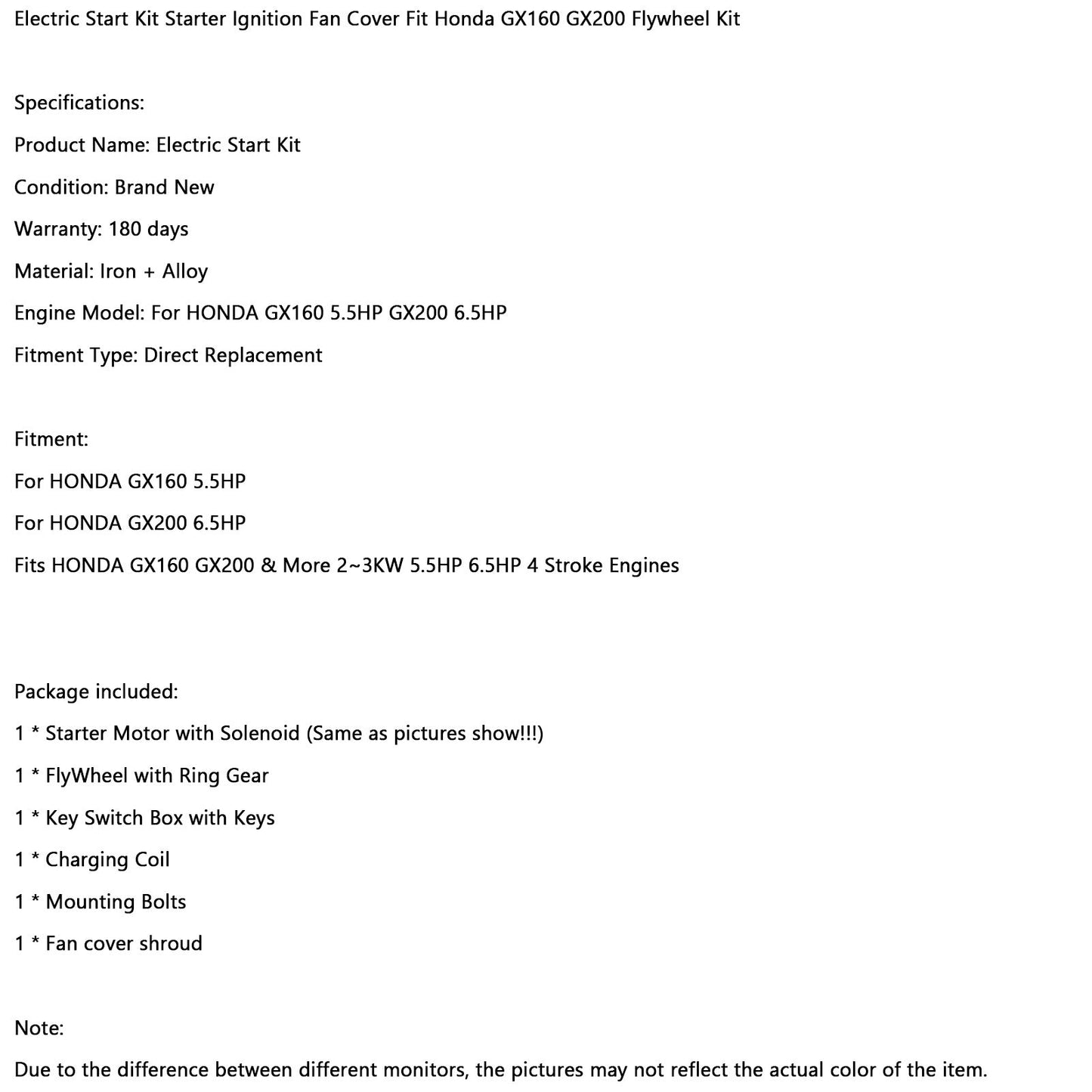 Electric Start Conversion Kit for Honda GX160 5.5HP & GX200 6.5HP Engines, with Starter, Flywheel & Key Switch