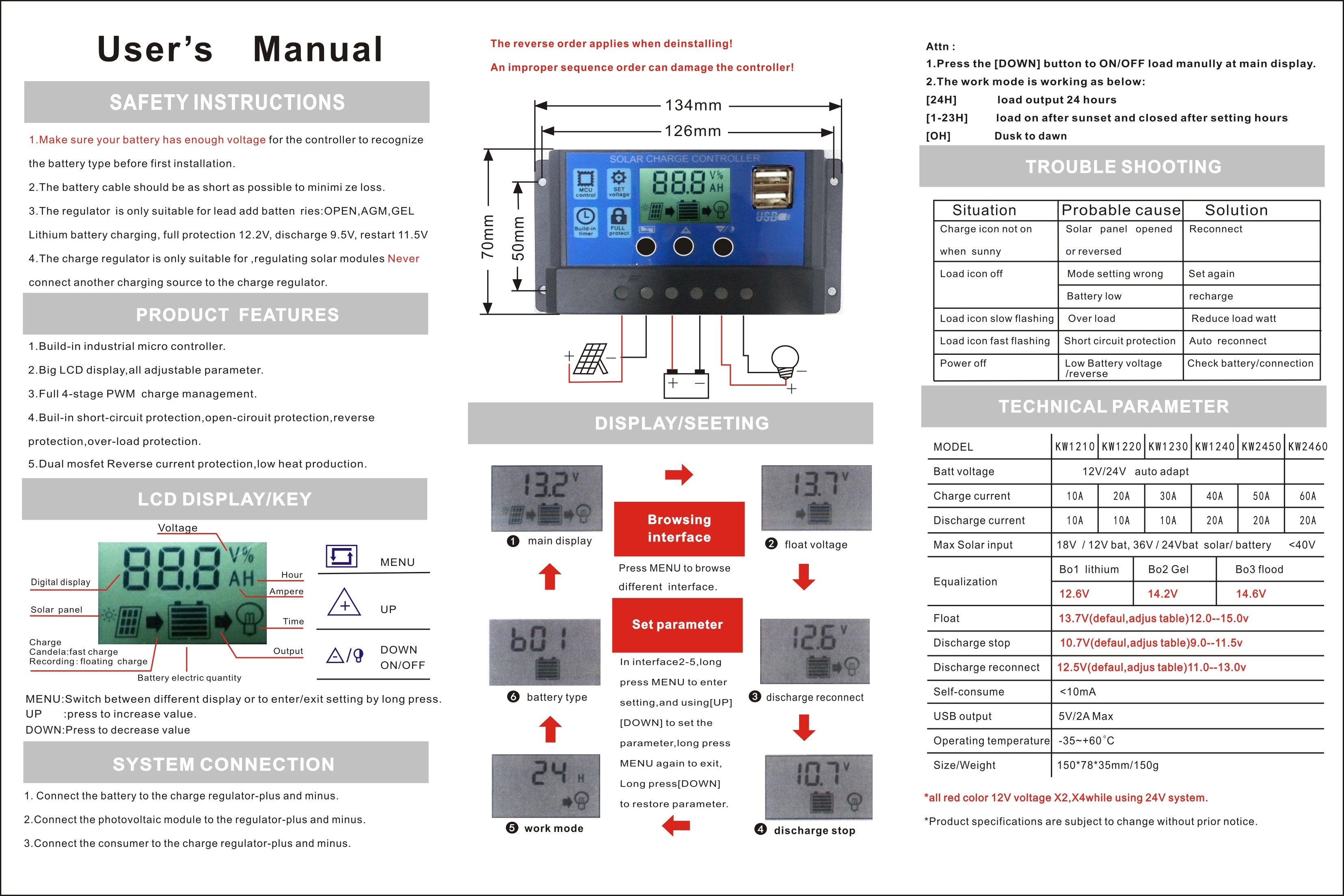 12V/24V Battery Regulator Solar Panel Charge Dual USB LCD 60A Controller PWM