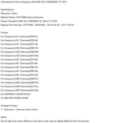 Carburetor for Zama C1Ta??W33 Fits Husqvarna 240 240E 235E 586936202 Chainsaw