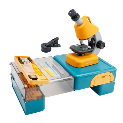 100X-1200X Kids Microscope Kit with Phone Adapter, Dual LED Light & Slides, Beginner STEM Science Toy for Homeschool (Yellow)