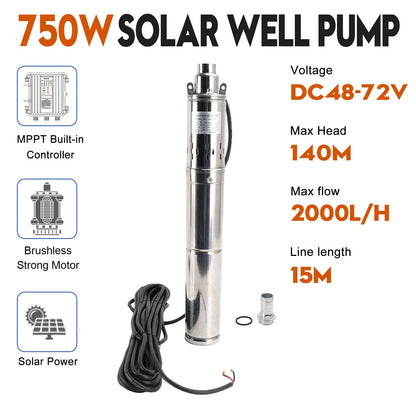 750W 48V Solar Submersible Screw Pump Kit, 3-Inch with MPPT Controller, 140M (459ft) Head for Deep Well Irrigation