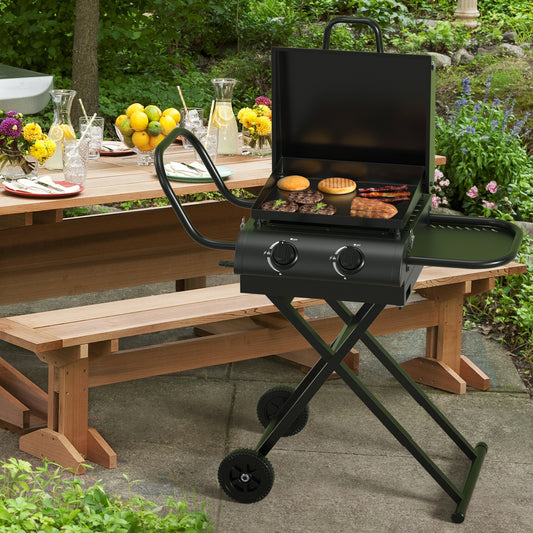 16,000 BTU 2-Burner Portable Propane Gas Griddle with Folding Scissor Legs, Hood & Side Shelf for Outdoor Cooking