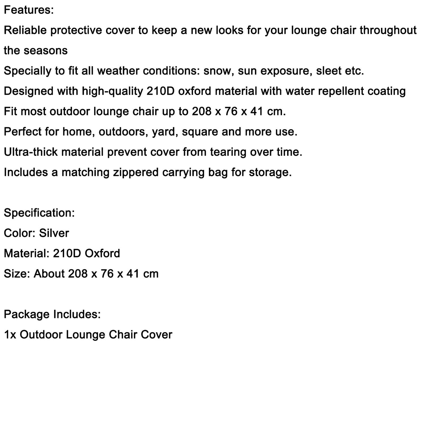 Silver 82x30 Inch Outdoor Lounge Chair Cover, Waterproof 210D Oxford Fabric Patio Chaise Protector