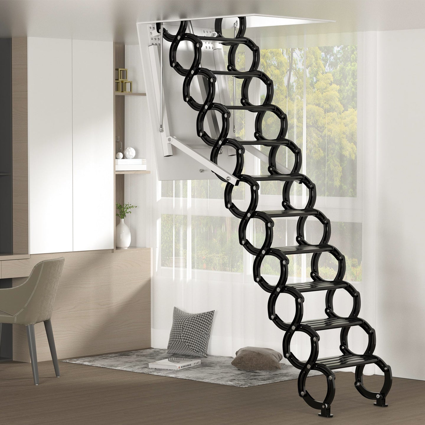 Electric Folding Attic Ladder with Remote Control, 11-Step Automatic Loft Stairs for 9.5ft Ceilings, Fits 39.37" x 27.5" Opening