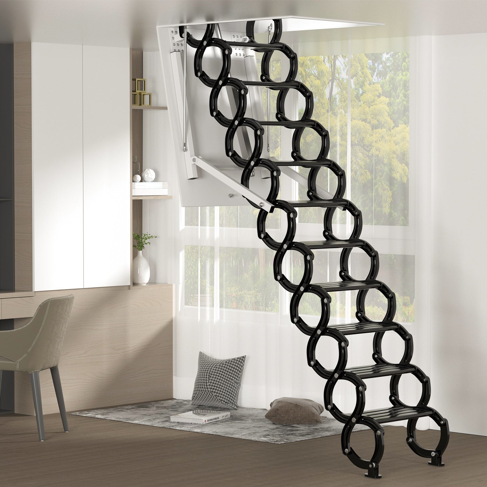 Electric Folding Attic Ladder with Remote Control, 11-Step Automatic Loft Stairs for 9.5ft Ceilings, Fits 39.37" x 27.5" Opening