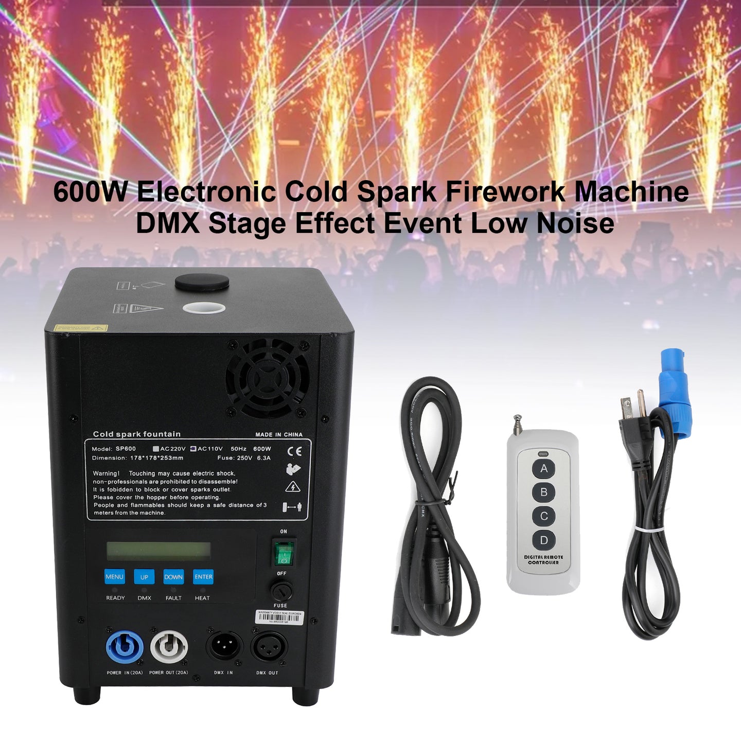 600W Electronic Cold Spark Machine – DMX Stage Firework Effect for Events, Low Noise Indoor Outdoor Party