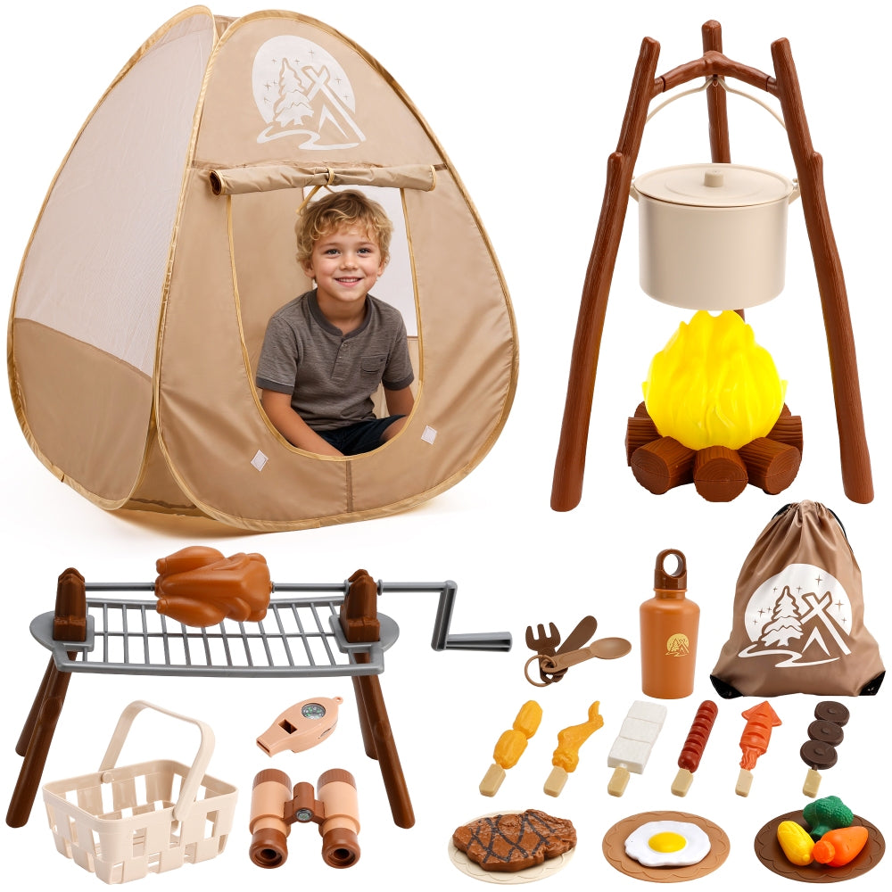 Kids Camping Set with Tent 34Pcs Camping Pretend Play Set with Light-Up Campfire